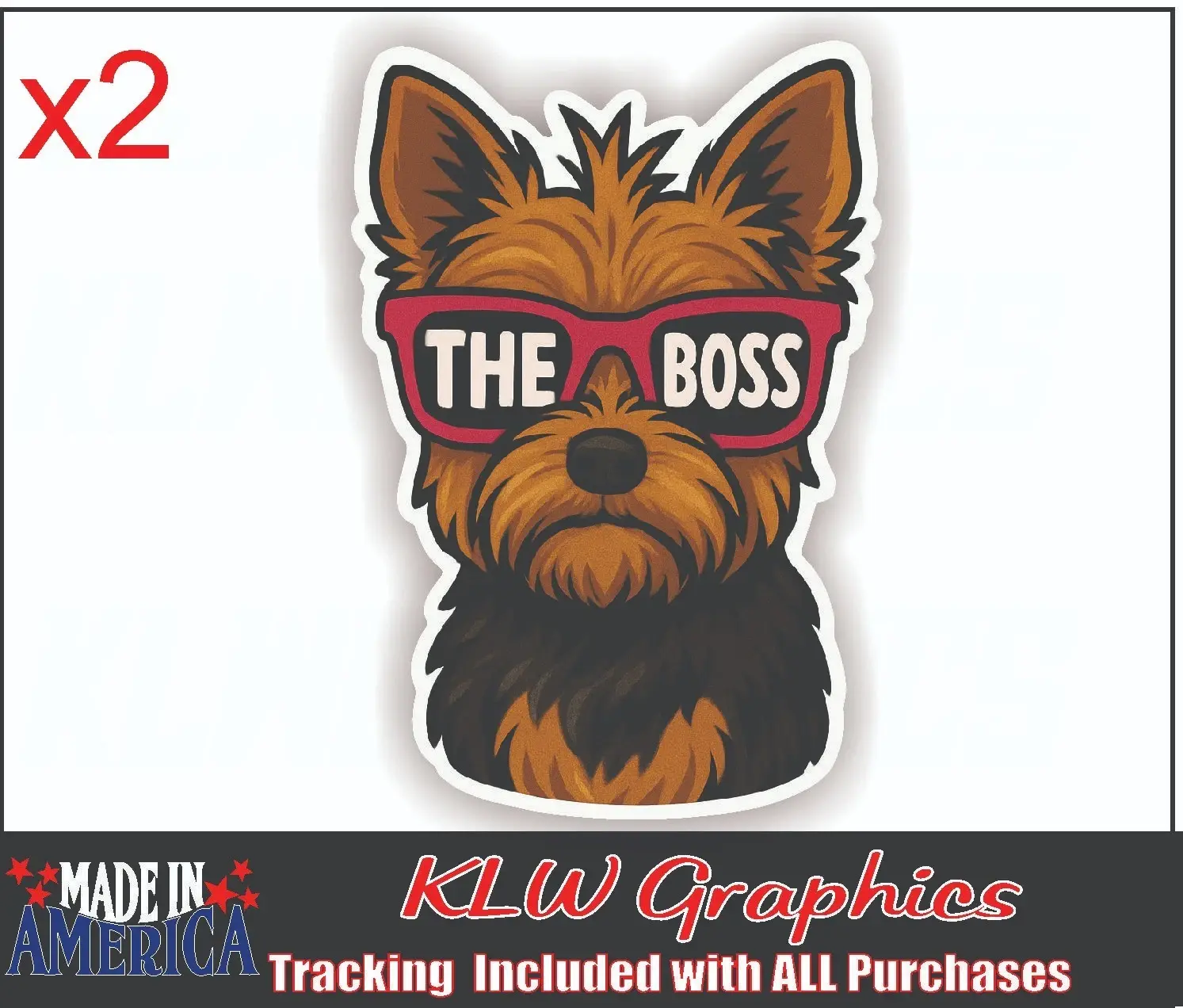 Yorkie The Boss Sunglasses Pink Full Color Decal Sticker Family Pet Dog Car Truck Wife Girl Yorkshire Terrier Laptop