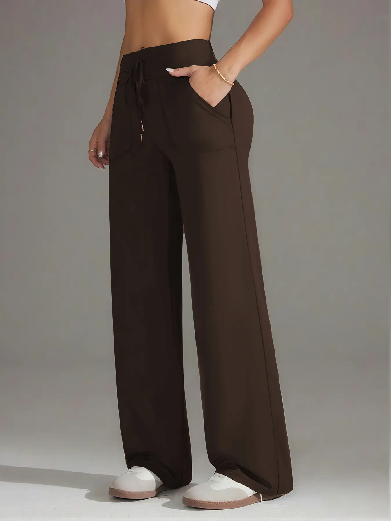 High Waist Drawstring Elastic Sport Pants, Wide Leg Straight Leg Gym Pants, Pocketed Fall & Spring Long Pants, Fitted Style, Athleisure, Sweatpants, Gym Sportswear Bottoms, High Waisted Sportswear