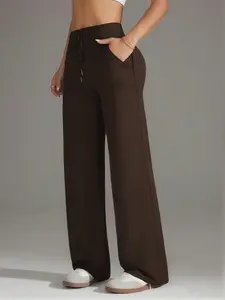 High Waist Drawstring Elastic Casual Sport Pants, Wide Leg Straight Leg Gym Pants, Pocketed Fall & Spring Long Pants, Fitted Style, Drawstring Waist Athleisure, Drawstring Waist Sweatpants