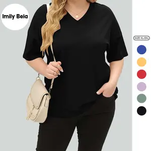 Imily Bela【1XL-5XL】Plus Size Curve Women's V Neck T Shirts Summer Half Sleeve Tees Casual Loose Fit Cotton Tunic Tops