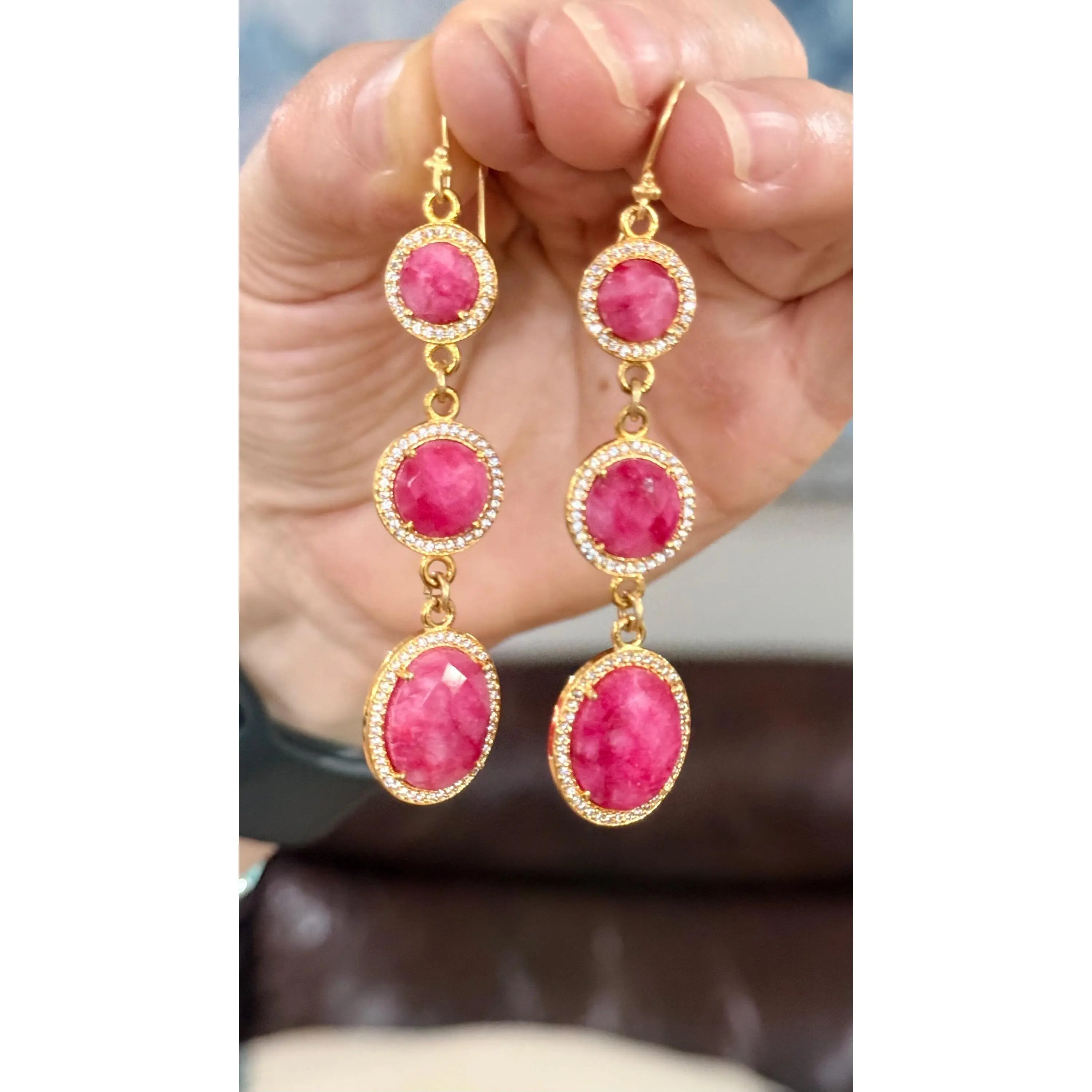 Genuine Red-Pink Ruby Long Dangle Earrings in 925 Sterling Silver â€“ Faceted Oval-Shaped Gemstone Fine Jewelry