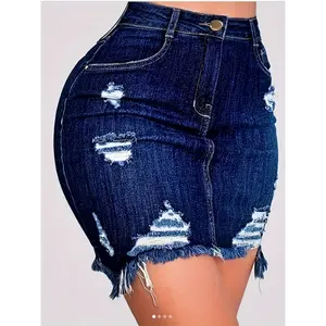 Women's Sexy High-Waisted Distressed Denim Skirt with Frayed Hem - Solid Color Blue Washed Look, Machine Washable 3-Season Casual Skirt for Spring Summer Fall, Casual Summer Wear | Distressed Fashion | Durable Denim