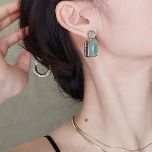 Large Rectangle/WaterDrop Green Chalcedony Earrings