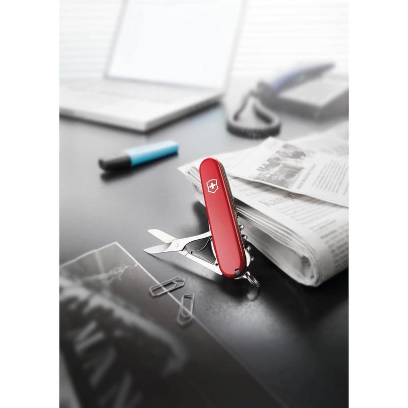 Compact swiss army knife, 15 functions, swiss made pocket knife with large blade, screwdriver, corkscrew and multipurpose hook - red