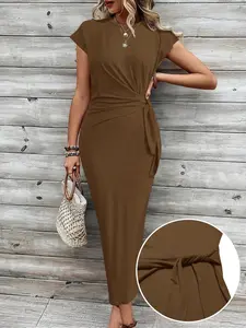 Women's Slimming Waist Cinched Long Dress, Minimalist Style Fitted Plain Dress, Casual Wear, Perfect for Daily