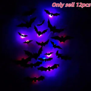 12 Bat Halloween LED Night Light Wall Stickers, Glowing Flashing Bat Shape Decor, Home Party Garage Decoration, Pet Material