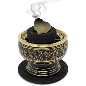India Small Decorated Brass Charcoal Screen Incense Burner with Wooden Coaster