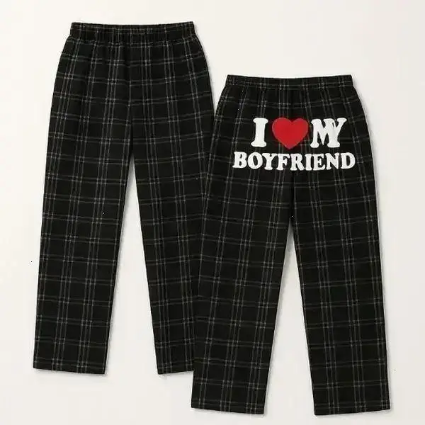 Couples Matching Pajama Pants, Black Plaid Lounge Bottoms, Romantic Love Print Sleepwear, Cozy Homewear for Boyfriend Girlfriend, Anniversary Gift