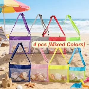 4-Piece Beach Shell Storage Bags, Adjustable Buckle Mesh Pouches, Colorful Sand Bag, Crossbody Organizer, Small Net Bag, Pool Gear Holder