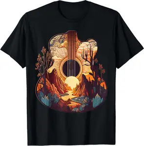 Guitar Landscape Music Lover- Acoustic Guitar Player Graphic T-ShirtGift T Black Cotton T