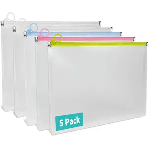 5 Pack Clear Plastic Zip Envelopes, Heavy Duty, 9 x 12 Inch Expanding File Pouches, Multicolor Document Holders for Office and School Use