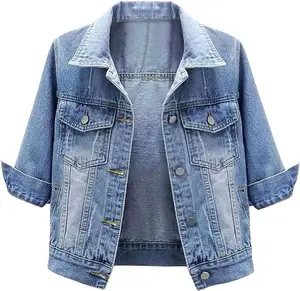Women Casual 3/4 Sleeve Button Down Cropped Denim Jean Jacket Motorcycle Short Jacket