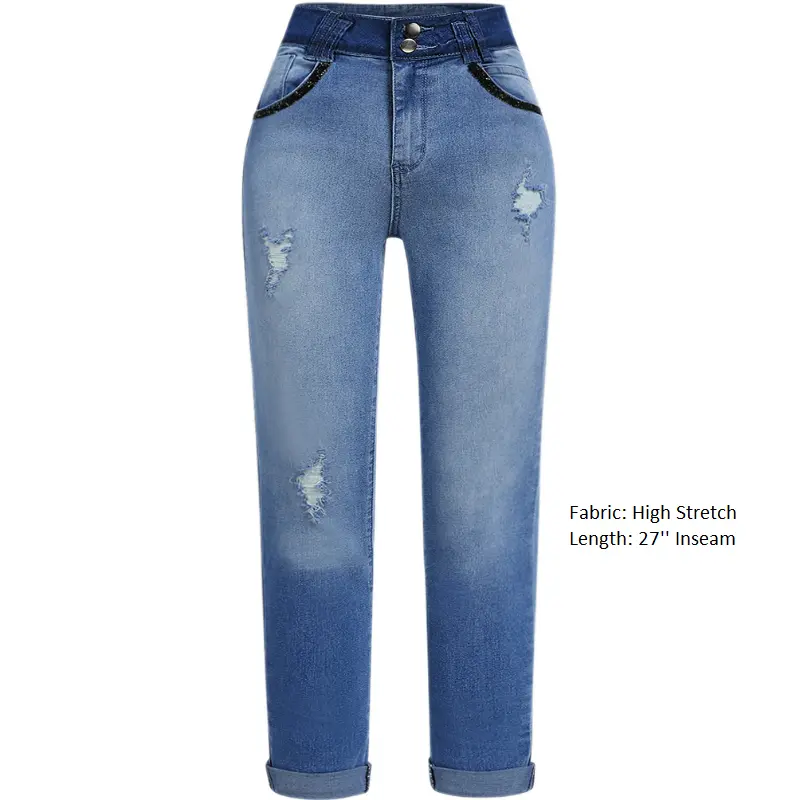 Ripped Button Front Roll Up Hem Jeans Spandex Skinny Jeans Fit Denim
