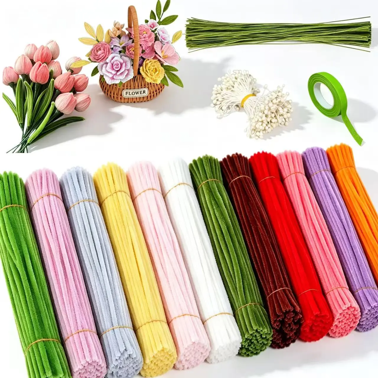 600pcs pipe cleaner craft set, pipe cleaner flower making set (with flower stem, tape, and flower core),Multiple colors, arts and crafts supplies