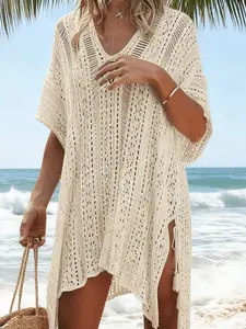 Women's Loose Knitted Hollow Out Bikini Cover-Up, Summer Sun Protection Beachwear Outer Layer, Spa Swimwear Jacket