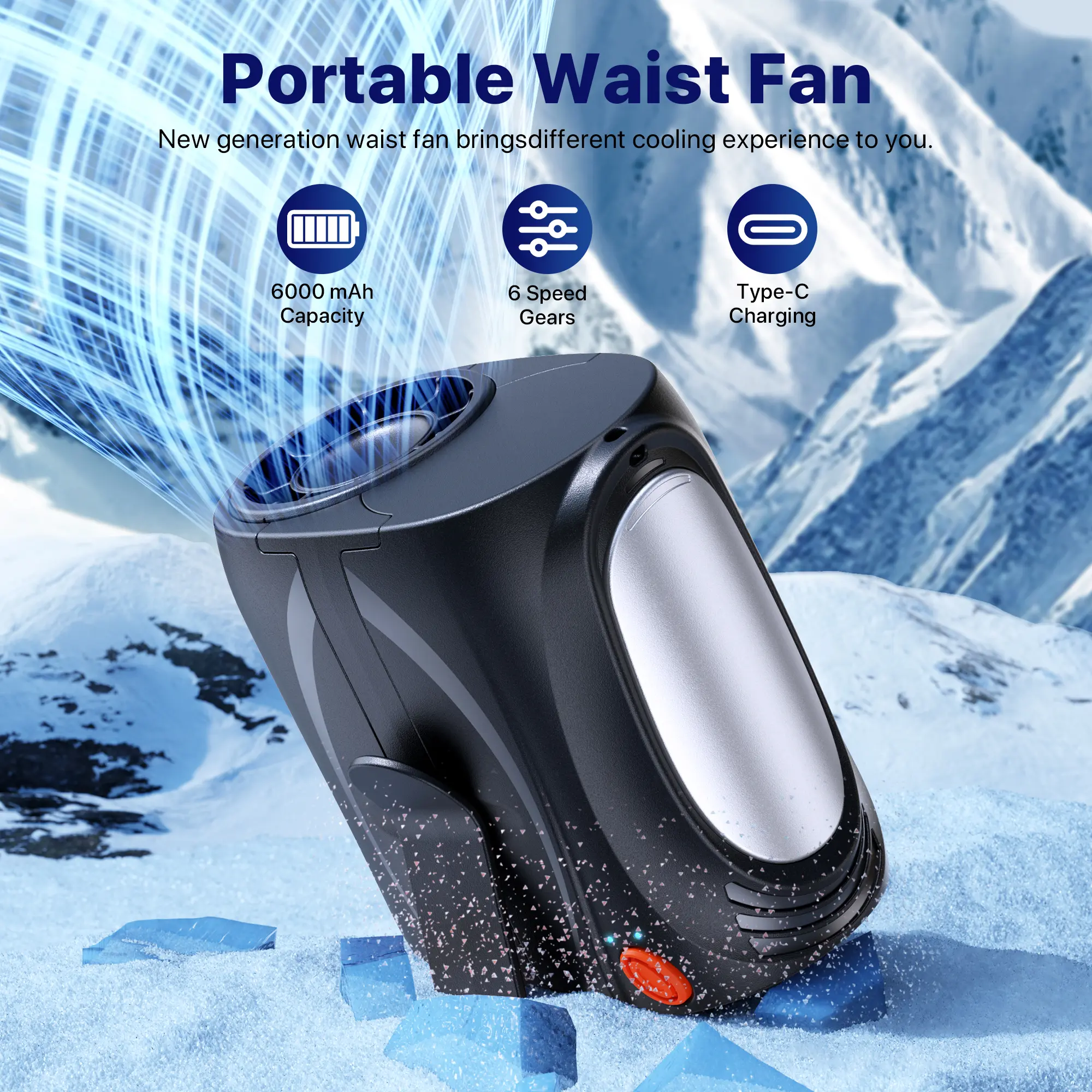 2026 Portable Personal Waist Fan& Neck Fan, 14000RPM Brushless Motor, 40H Runtime Rechargeable, 6-Speed Quiet Operation, Clip-On Personal Body Cooling for Camping/Worksites/Outdoor