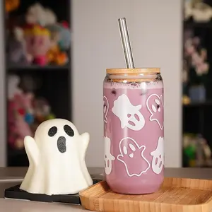ANOTION 18oz Halloween Ghost  Mugs Halloween Decor Halloween Gifts - Decorations Glass Cups Tumbler for Iced Coffee, Glassware Cookie Jar Decor Gift Drinking Water Bottles Bamboo Drinkware Set Straw