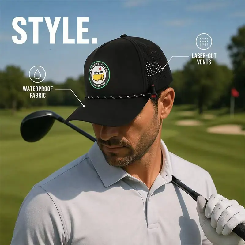 HAPLAY GOLF Waterproof Trucker Hat Men, Laser Cut Ventilation Mesh Back Snapback Cap, Breathable Sun Protection Hat for Golf Fishing Outdoor