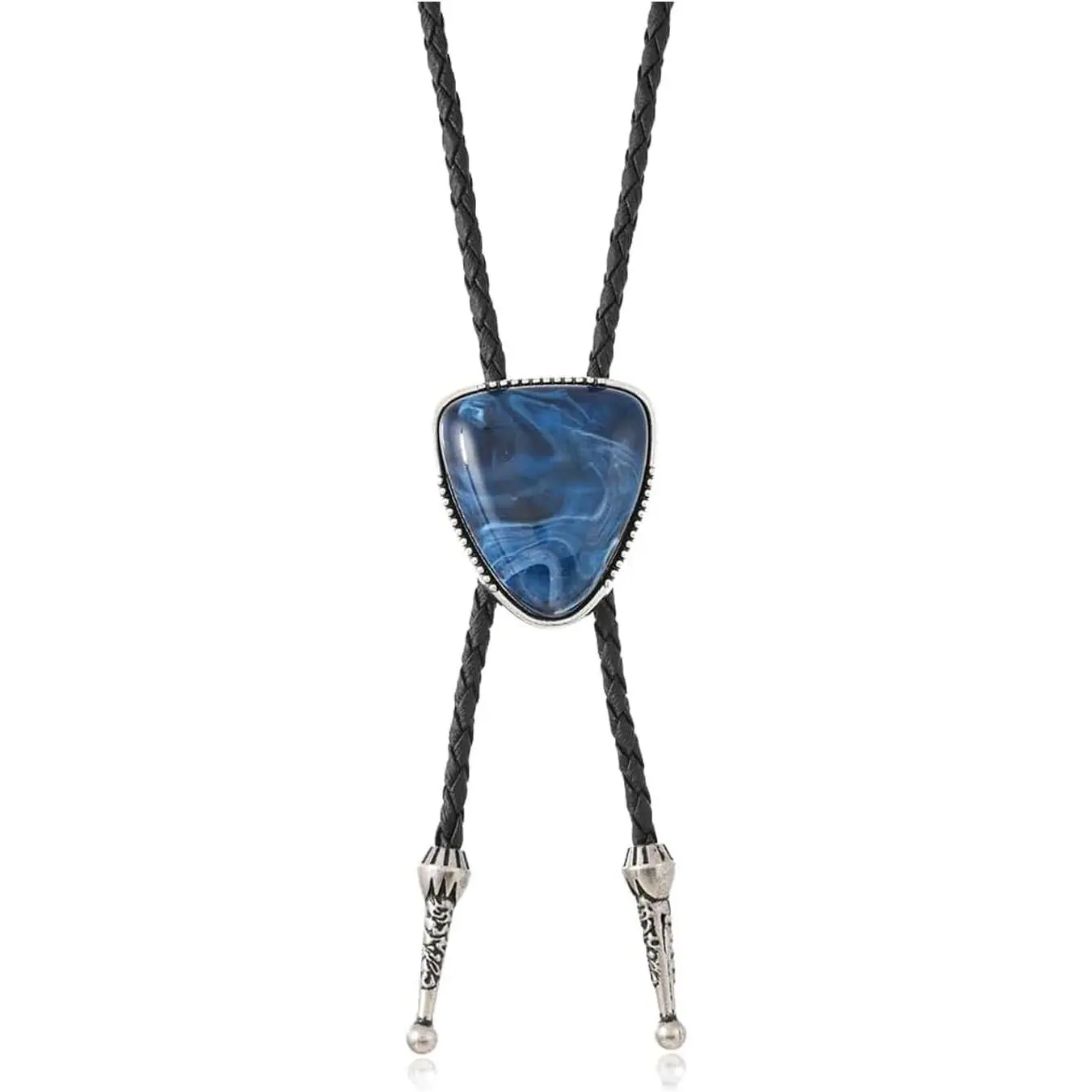 Men's Vintage Western Bolo Tie - Adjustable Leather Cord Cowboy Necktie with Blue Gemstone, Detailed Metalwork, Nylon Details, Black Accents, One Size for Birthday, Anniversary Gifting, Daily Wear (For Friends, Greena)