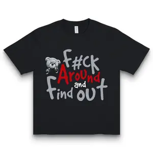 Men's Casual 100% Cotton T-Shirt with Boxer Bear Graphic - "FK AROUND AND FIND OUT" Print, Black, Short Sleeve, Round Neck, Machine Washable, All-Season Comfort