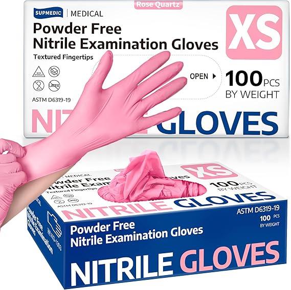 3.5 Mil Pink Powder-Free Nitrile Exam Gloves 100 Pcs for Medical, Baking, and Food Preparation Use - Hand, Rubber