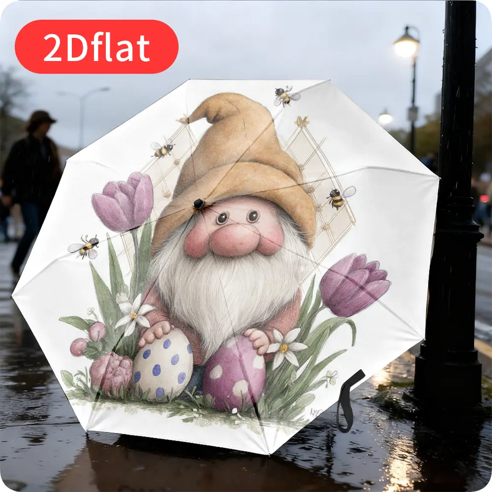 An Easter-patterned folding umbrella – featuring an adorable gnome design with pink tulips and blue Easter eggs, lightweight and portable for outdoor use, durable canopy made of sturdy plastic and metal, perfect as a