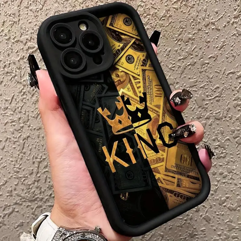 Golden Money King Pattern Case for iPhone 17 16 15 14 Pro Max 13 12 11 XR XS Plus Shockproof Non Slip Military-Grade Protection Silicone Cover.QXB371