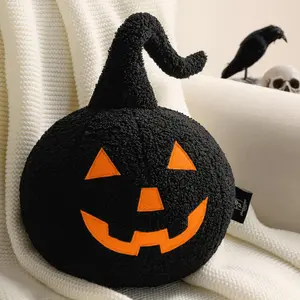 Phantoscope Happy Halloween Pumpkin Shaped Throw Pillow, Teddy Fleece Jack-o’-Lantern Pumpkin Pillow, Ultra Soft Sherpa Fall Decorative Halloween Cushion Pillow, Off White, 9.5 x 9.5 inches