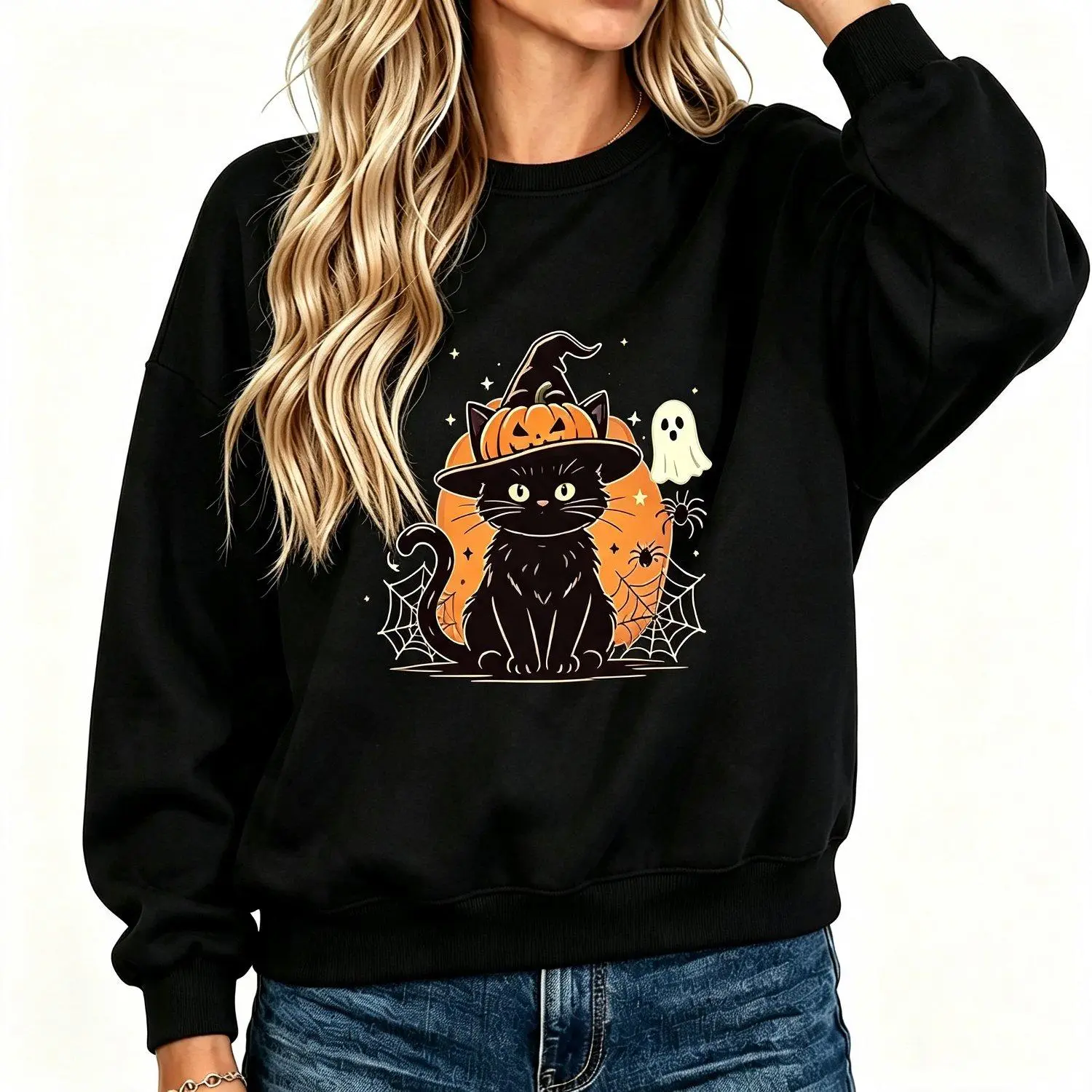 Crew neck sweatshirt Spooky Season Spooky Vibes Witch Cat Pumpkin Ghost Graphic Pullover Ladies Casual Halloween Outfit Sweatshirt