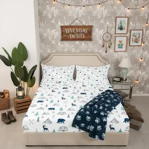 Bear Deer Print Fitted Sheet,Camping and Hunting Adventure Theme Bedding Set Pine Tree Mountain Pattern Bed Sheets Men Wild Animals Plants Deep Pocket Sheet,Blue White
