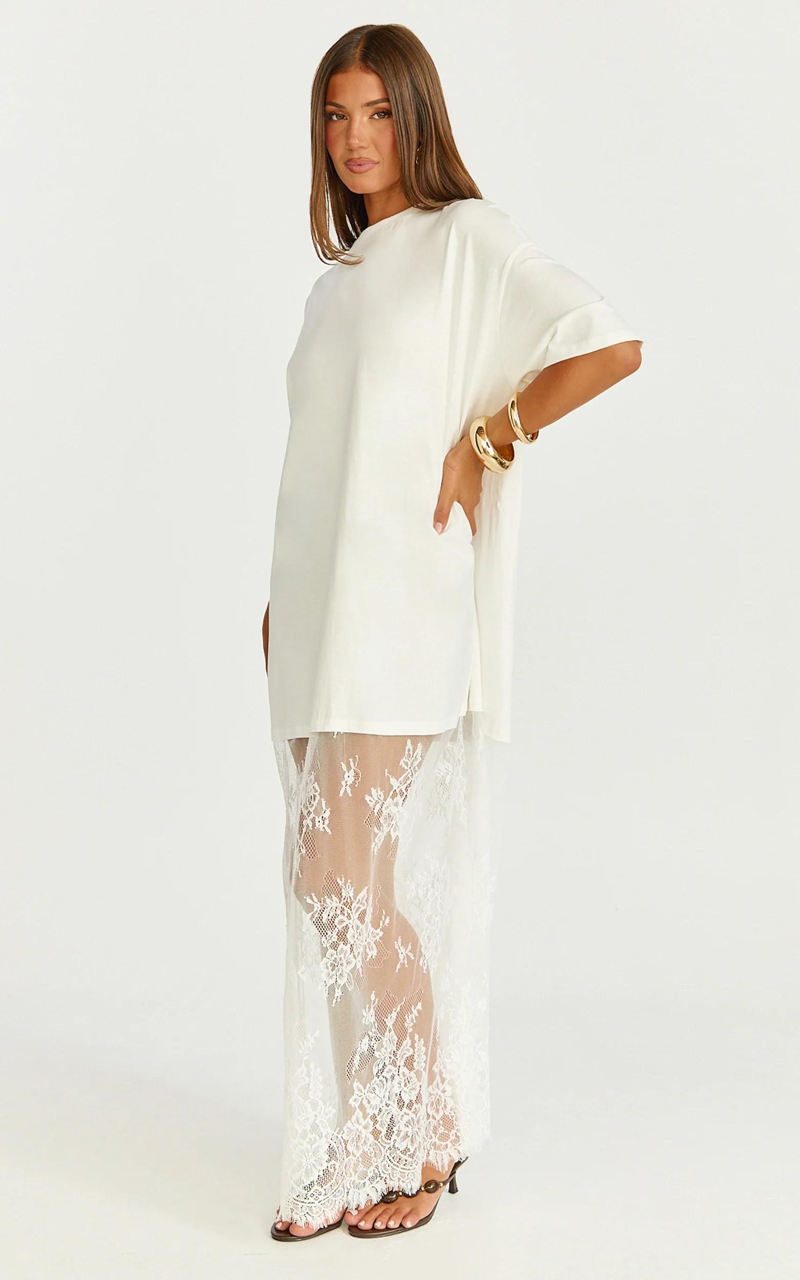 Mntaor Women's Oversized T-Shirt Maxi Dress with Sheer Lace Hem Drop Shoulder Short Sleeve Perfect for Street Style Mntaor Women's Oversized T-Shirt Maxi Dress with Sheer Lace Hem Drop Shoulder Short Sleeve Perfect for Street Style