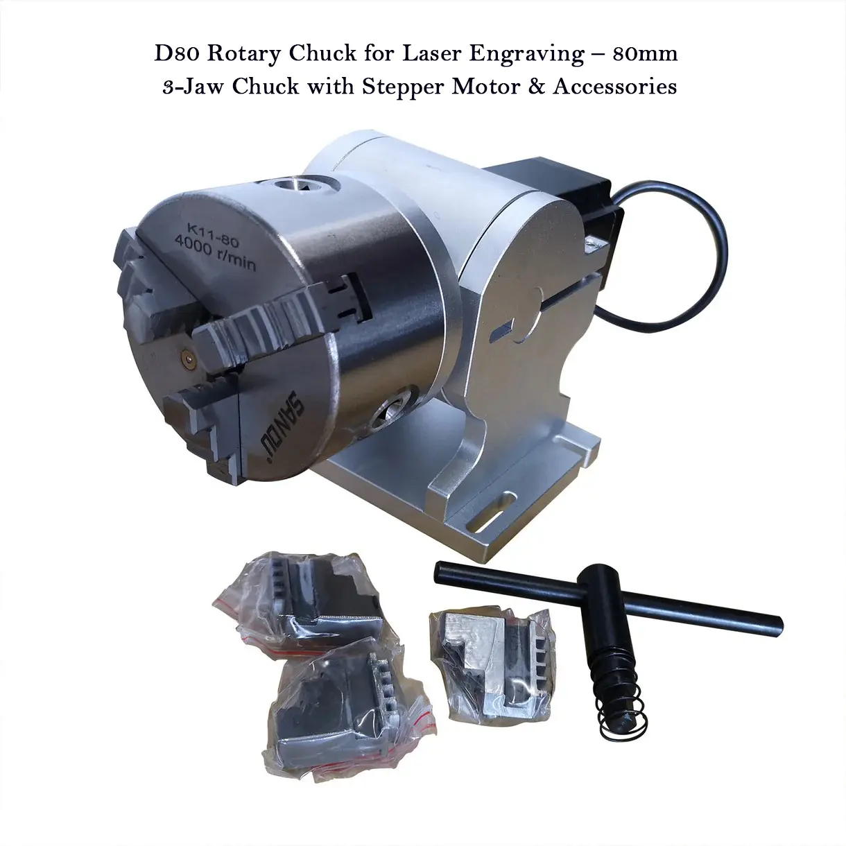 MCWlaser D80 Rotary Chuck for Laser Engraving, 80mm 3-Jaw Axis with Stepper Motor & Accessories. If unsuitable, contact us for optional solutions!