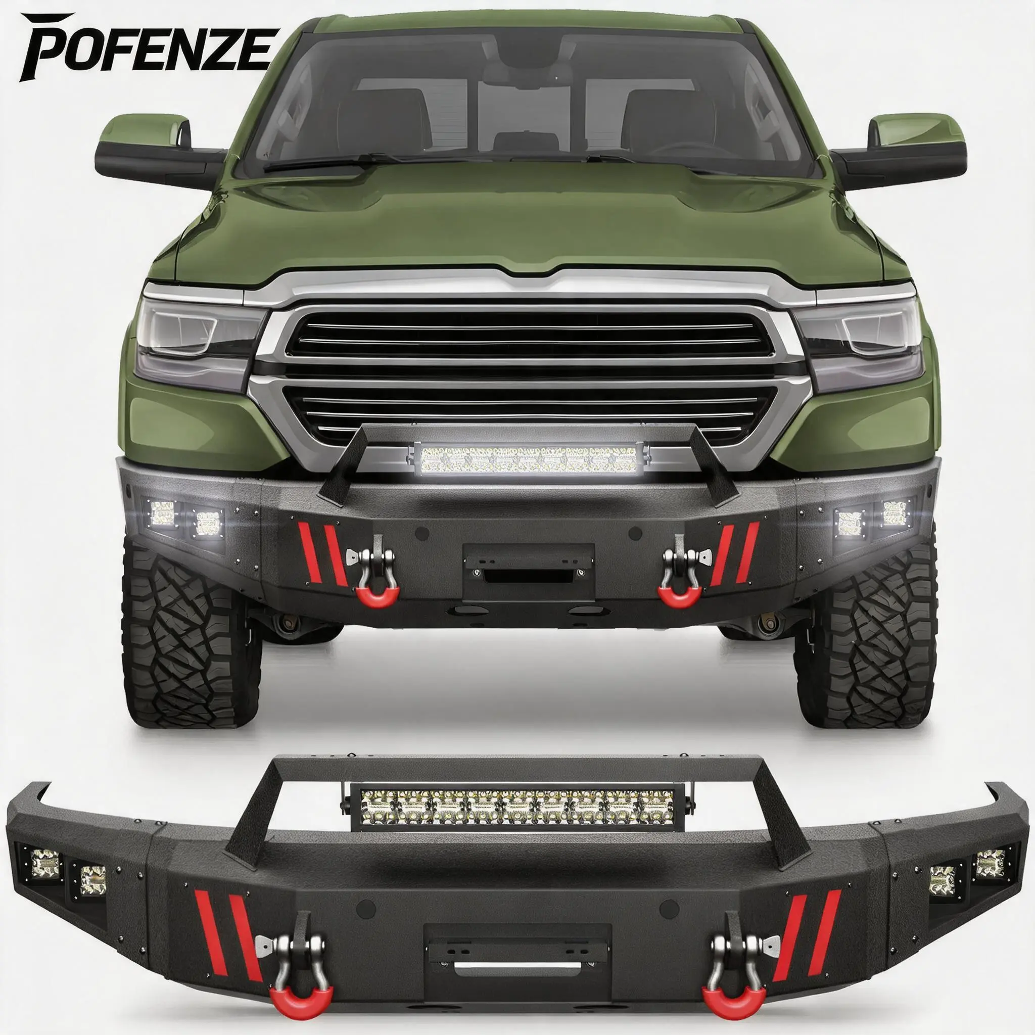 POFENZE-NADIA Front Bumper for 2019-2024 Dodge Ram 1500, Heavy-Duty Steel Off-Road Bumper with Winch Plate, LED Lights, D-Rings, Carbon Tint Kit Bars, Enhances Durability for Off-Road Adventures