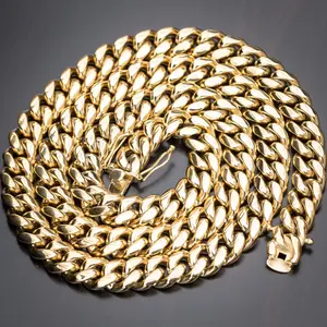 AAA+ Gold Plated Brass 14K Stamped Hidden Lock Cuban Chain 6mm to 14mm Necklace Bracelet Accessory for Unisex Men & Women, Available in Various Sizes