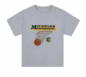 Men's Short-Sleeve Unisex Michigan Basketball Graphic Cotton Tee - Vintage College Sports Streetwear Grey Hoop Shirt