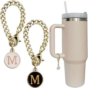 Letter Charm Accessories for Stanley Cup 2PCS Initial Name ID Personalized Handle Charm for Stanley Tumbler Gold Chain Letter M