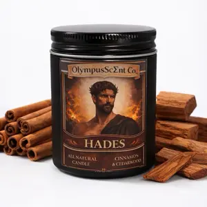 Hades Themed OlympusScent Co. All-Natural Essential Oil Infused Candle With Warm Cinnamon And Woody Cedarwood