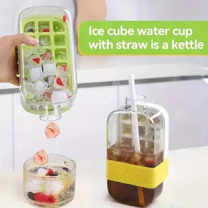 Ice Cube Bottle, 2-in-1 Touch-Free Ice Cube Water Bottle with Lid and Bin, Easy Press to Release Vertical Ice Cube Tray for Freezer