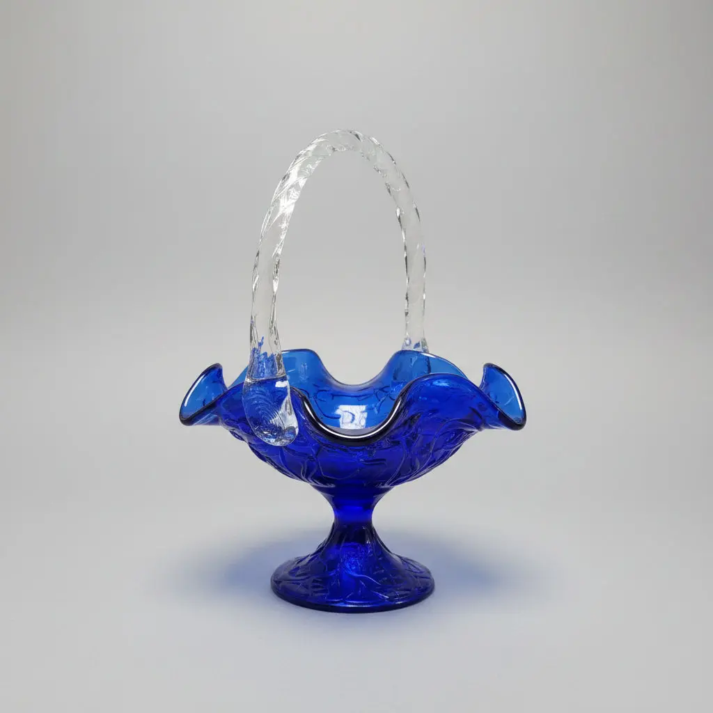 Vintage Fenton Cobalt Blue Water Lily Glass Basket Clear Twisted Handle Pedestal