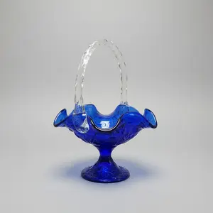 Vintage Fenton Cobalt Blue Water Lily Glass Basket Clear Twisted Handle Pedestal