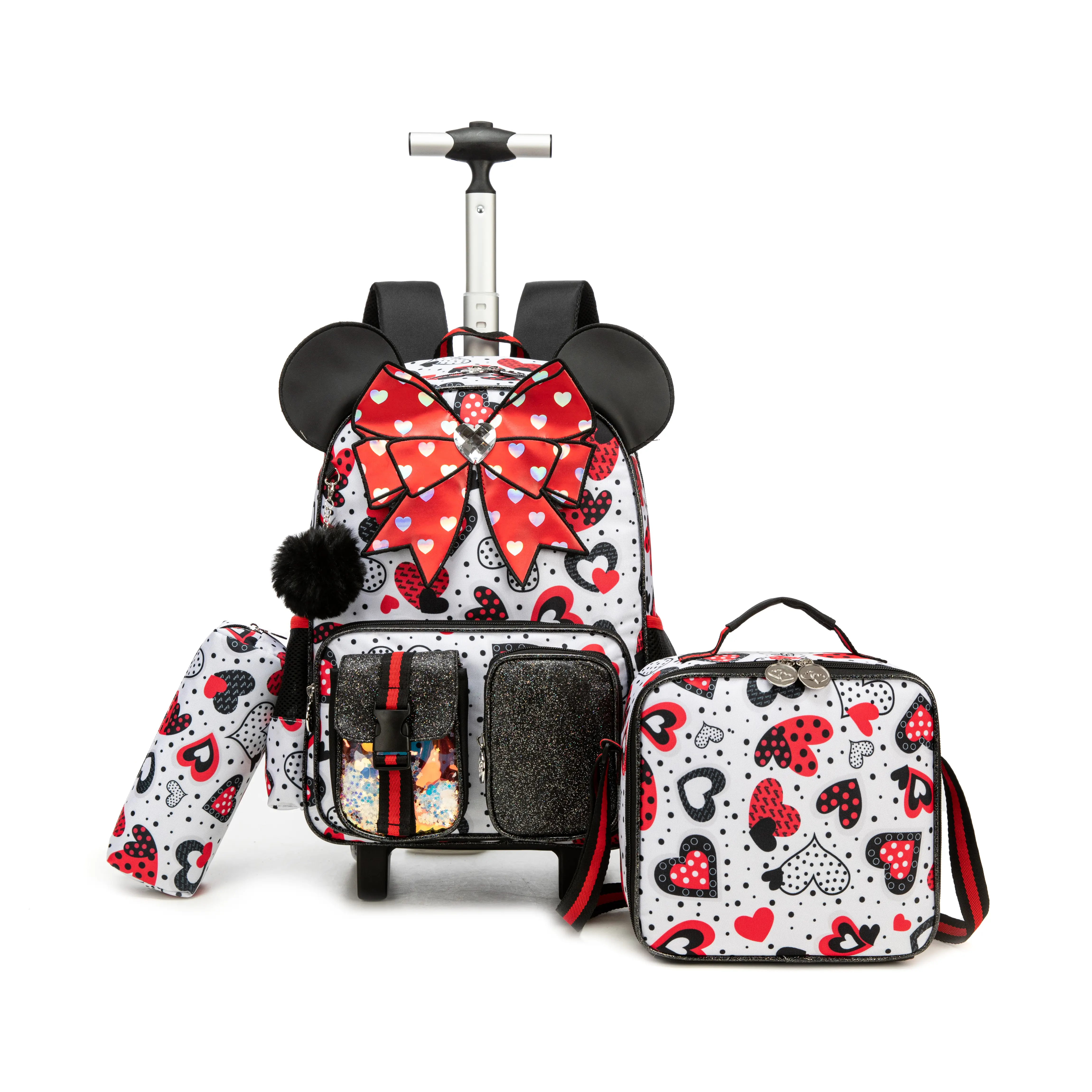 Glitter Red Bow Rolling Backpack Set, 2-in-1 Wheeled School Bag with Matching Insulated Lunch Bag & Pencil Case, Adjustable Telescopic Handle for Elementary School Girls