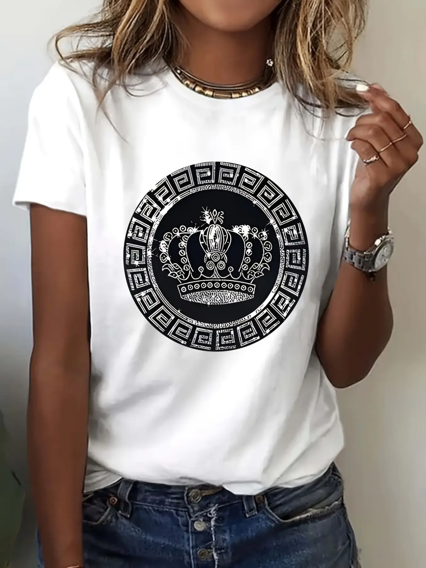 Short sleeve t-shirt-crown ladies fashion print t- unisex soft cotton short sleeve t shirt, vintage graphic casual tee for men women teens, perfect birthday holiday gift for camping travel gym daily street  wear