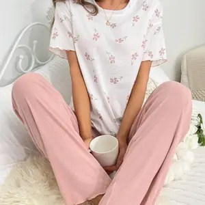 Floral Print White Tee & Pants PJ Set / Pajama Set