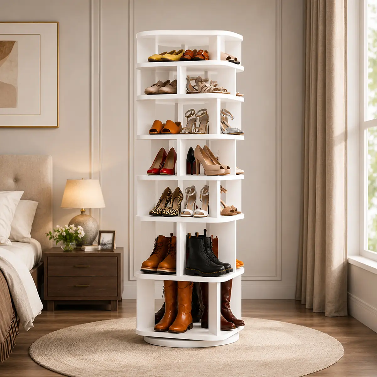 Cyclysio 7-Tier Rotating Wooden Shoe Rack Organizer, 360° Rotates Multi-Height Wood Tower with Boot Storage, Square Corner Indoor Furniture Shelf, White