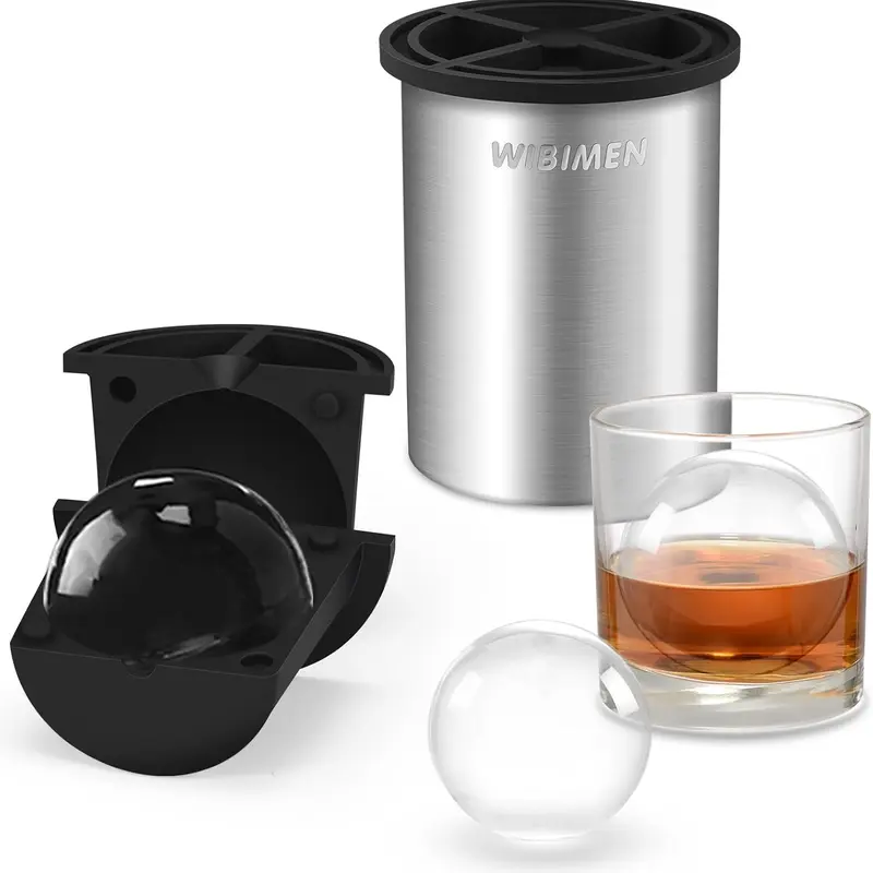 WIBIMEN 304 Stainless Steel Round Ice Ball Maker - Vacuum Insulated Rubber Molds, Corrosion-Resistant, Long-Lasting Kitchen Bar Home Bar Accessory with Measuring Scale for Whiskey, Cocktails