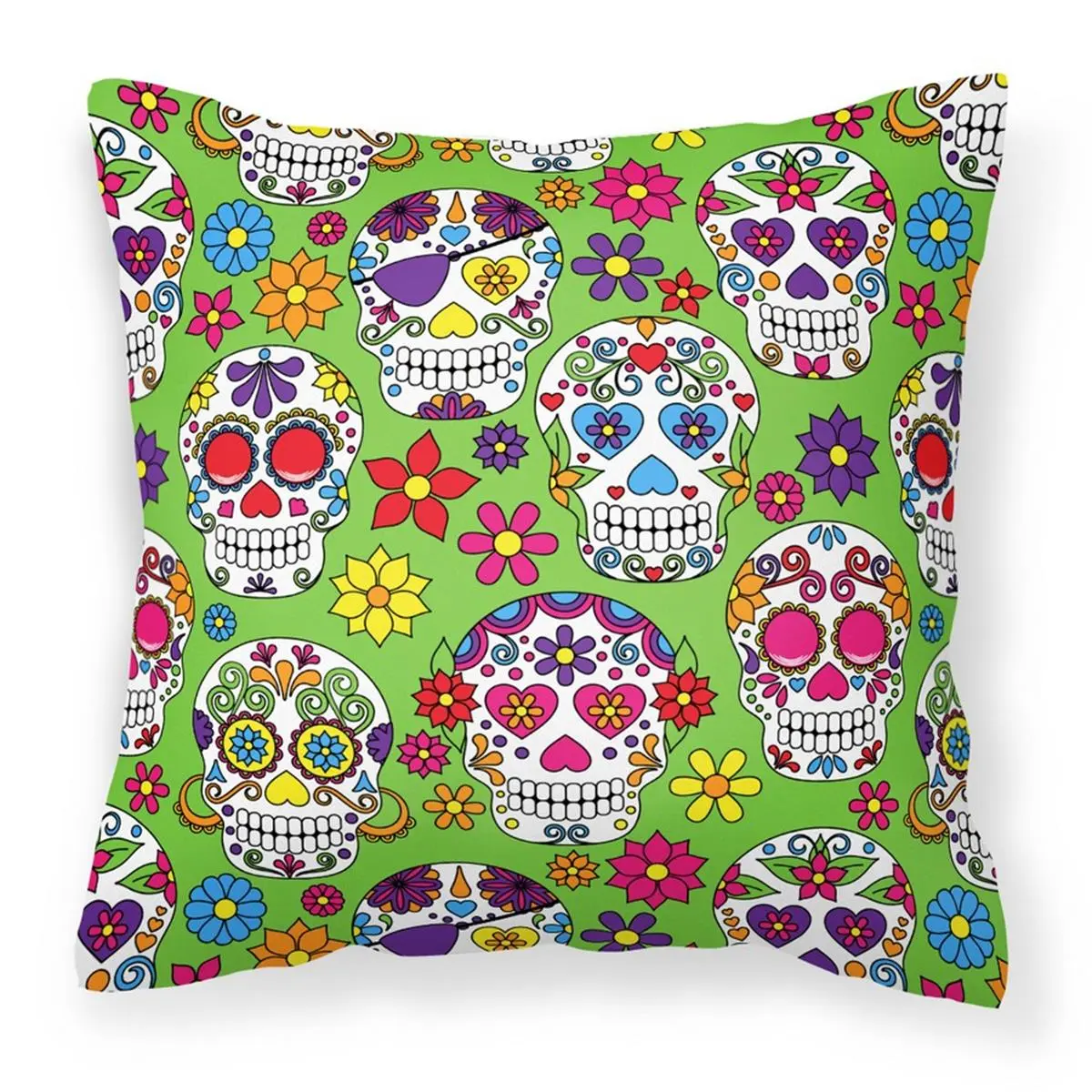 Day of the Dead Skull Flowers Festive Single Heavyweight Polyester Decorative Pillow - 18x3x18 in Green Fabric, Fade Resistant, Machine Washable, for Room Decor
