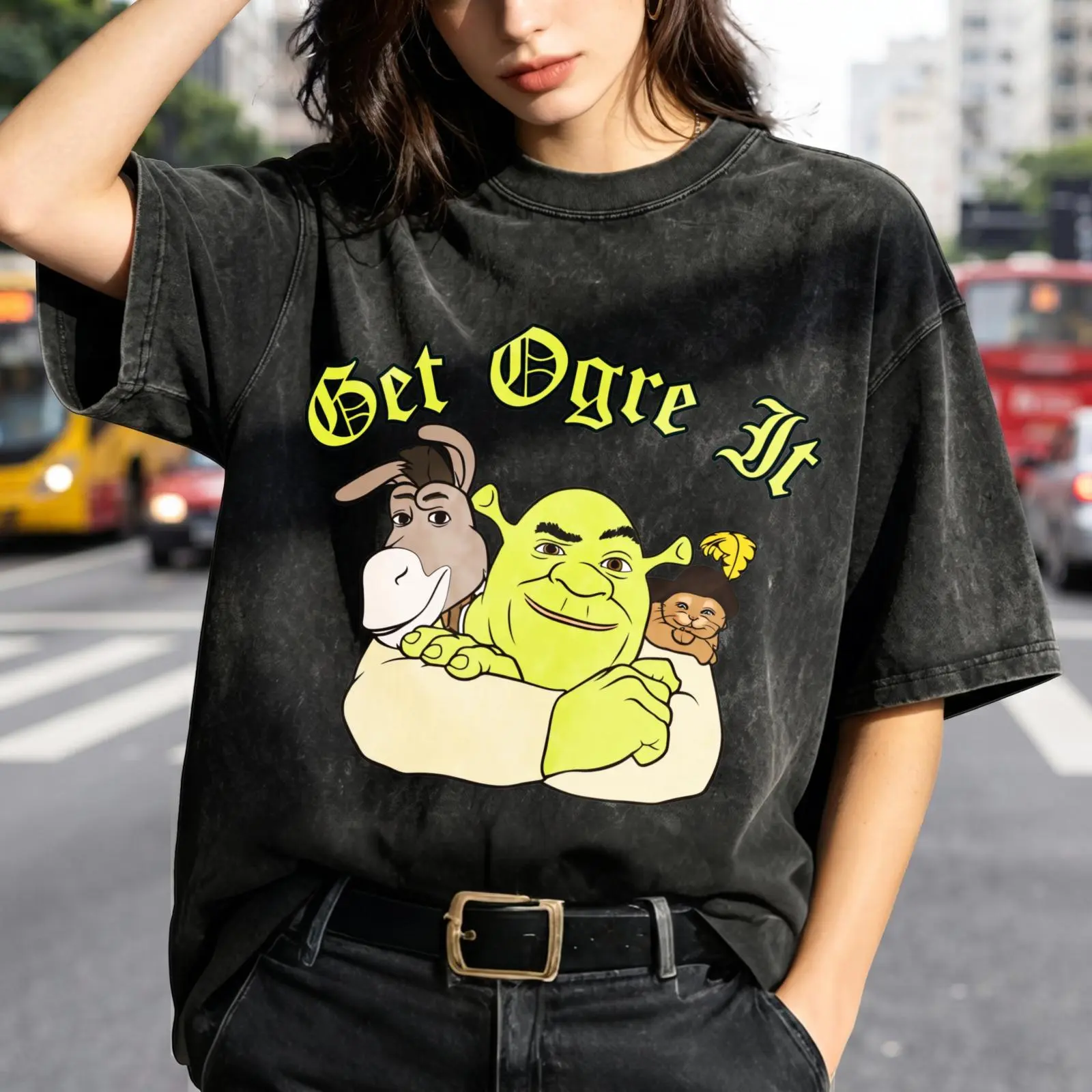Get Ogre It Women's Vintage Washed T-Shirt Get Ogre It Shrek Donkey Puss Oversized Graphic Tee Outdoor Casual Short Sleeve