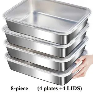 8-piece set (4 lids + 4 stainless steel containers) large stainless steel baking tray with lid - rectangular, easy to clean, non-stick, ideal for baking vegetables, meats, etc. - perfect for home and restaurant use
