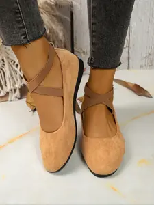Women's Cross Elastic Strap Slip On Flats, Fleece Low-Cut Round Toe Shoes, Comfortable Casual All-Season Footwear for Commuting & Outdoor Use