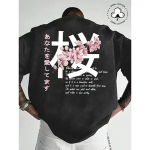 Men's cherry blossom and Japanese character printed short sleeved T-shirt, a regular casual fashion T-shirt for daily wear in summer, men's clothing, topRAIMENTRY